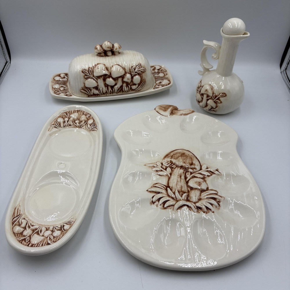 Vintage P. Reiner Mushroom Covered Dish Egg Plate‎ Cruet Tray Set White Ceramic